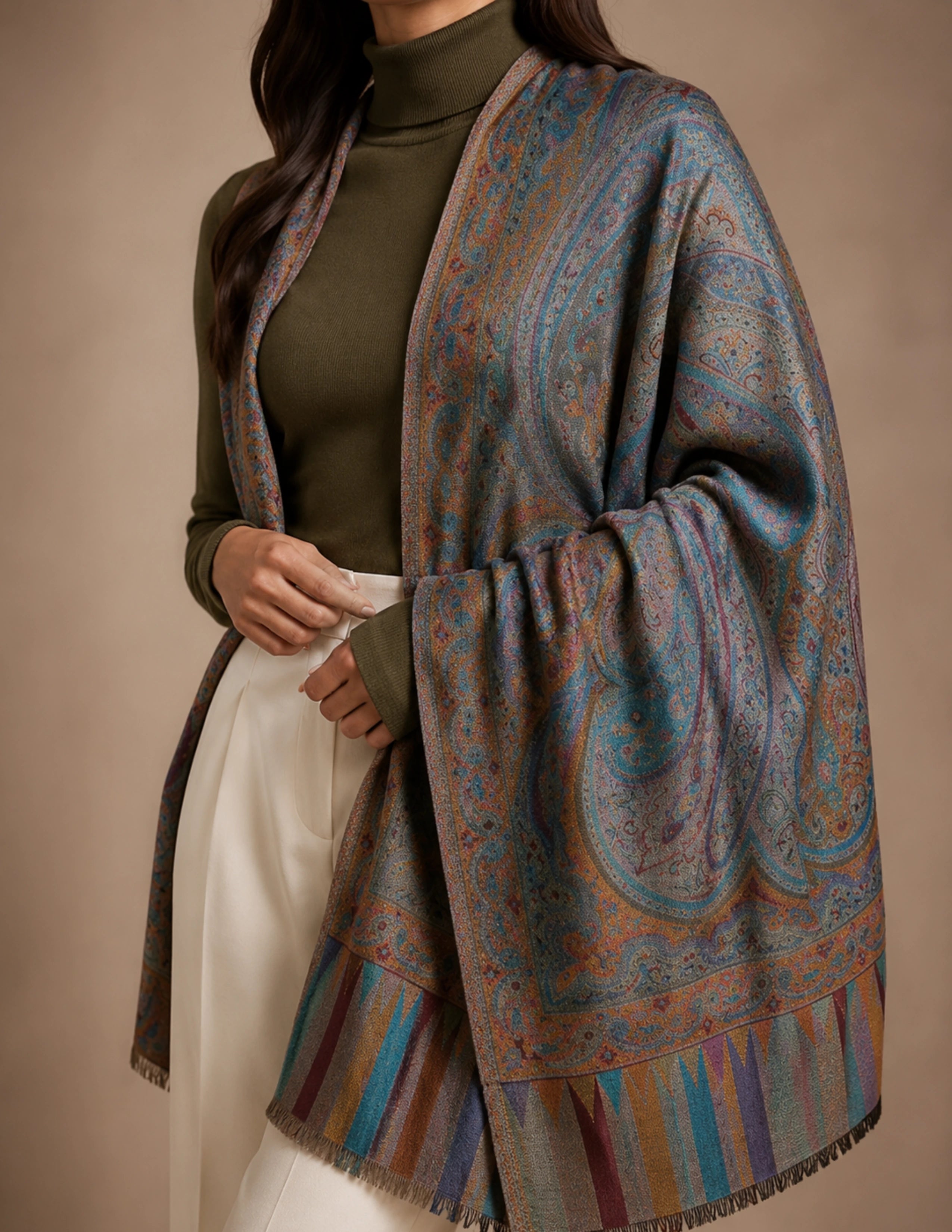 Mehrab Jamawar Kashmiri Stole (Unisex) – Taupe Paisley Micro Modal