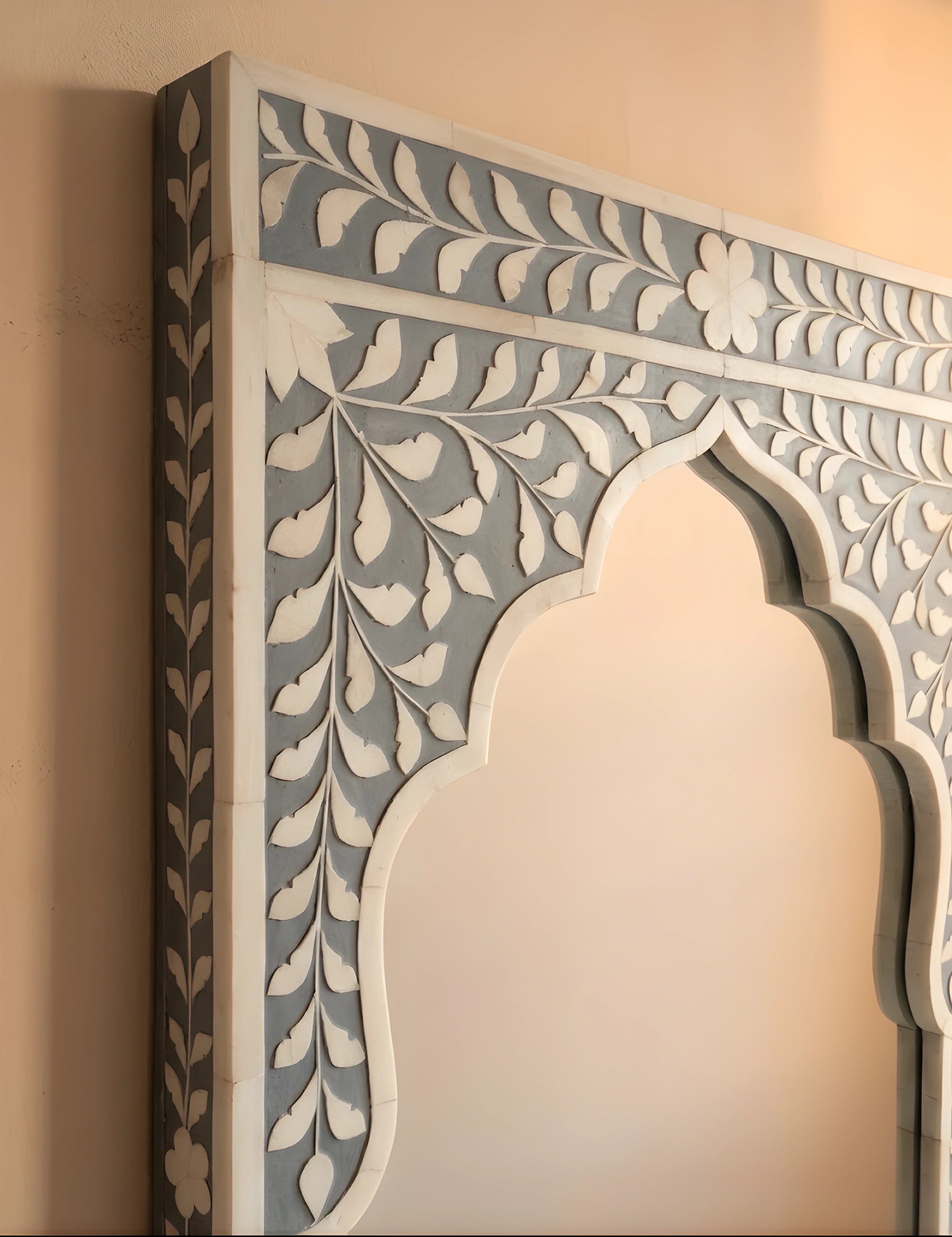 Mughal Bloom Bone Inlay Arched Mirror