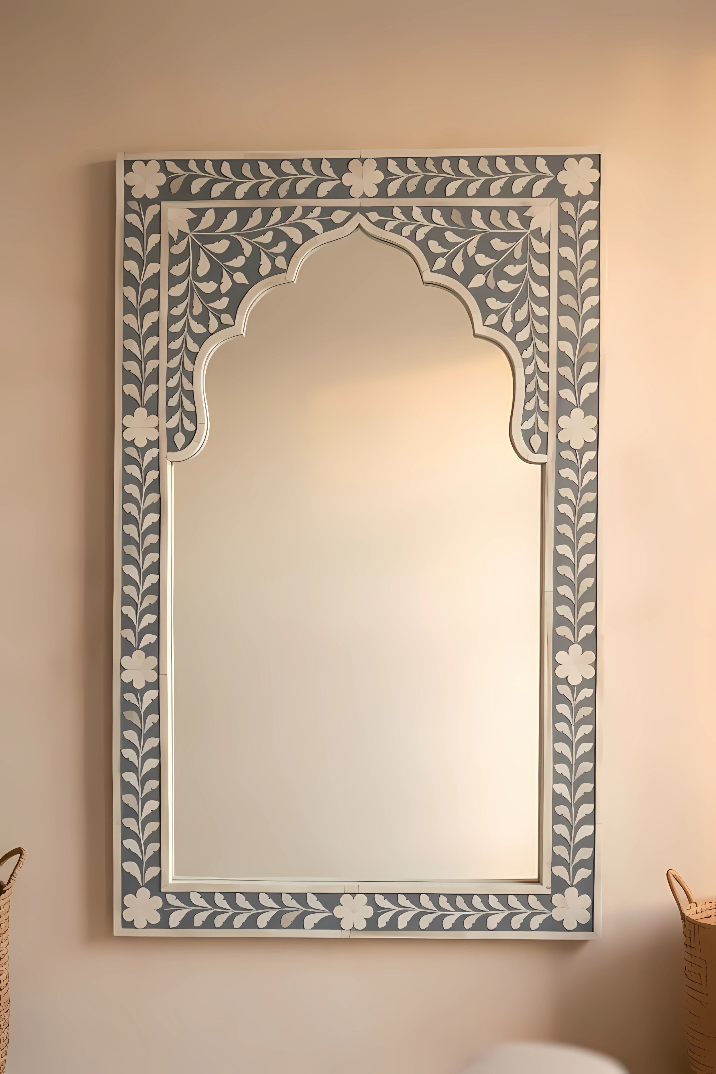Mughal Bloom Bone Inlay Arched Mirror