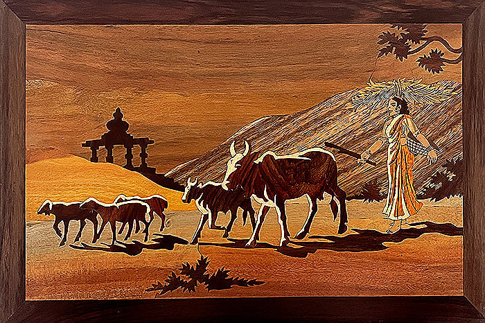 Still Pastures: Mysore Rosewood Inlay Cow Grazing Wall Panel