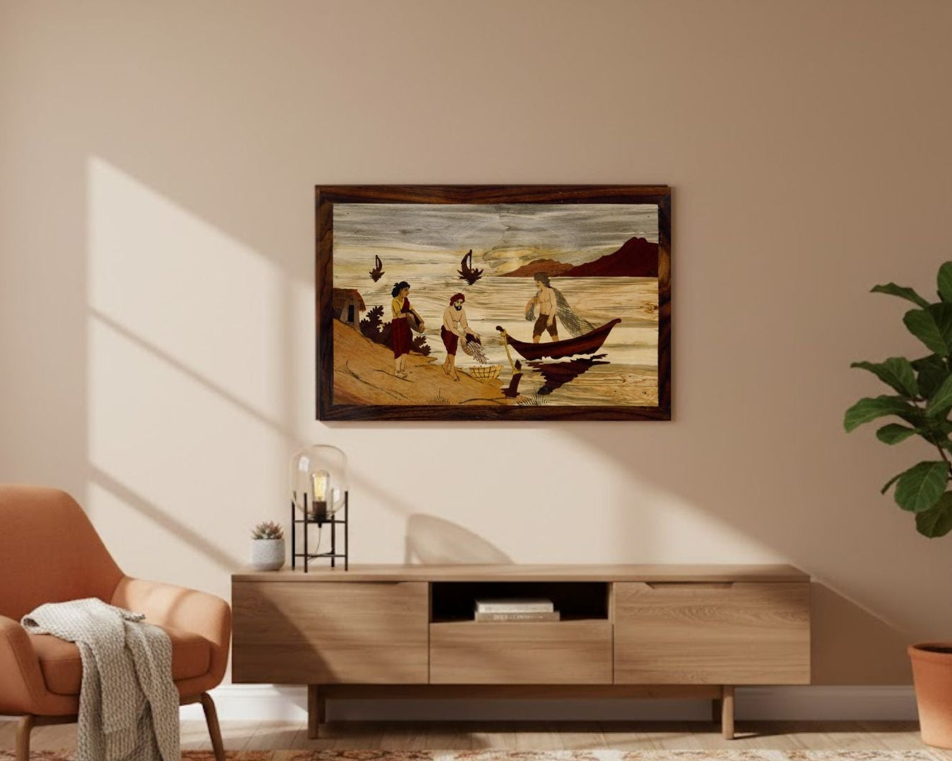 Mysore rosewood inlay fishing scene wall panel displayed in a modern living room with warm wood tones and neutral interiors.