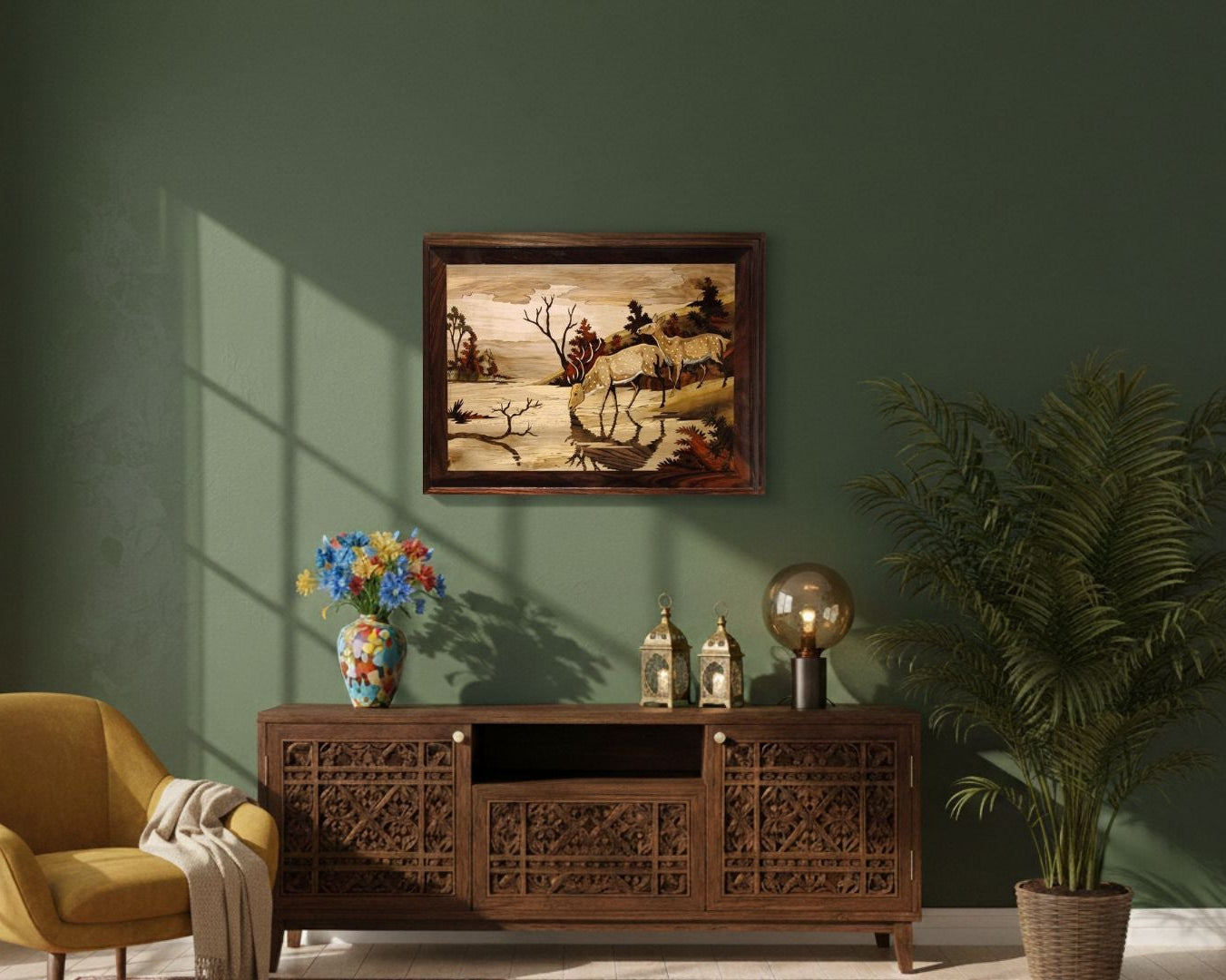 Mysore rosewood inlay deer scenery wall art displayed in a warm, elegant living room, showcasing traditional Indian craftsmanship as a statement wall piece.