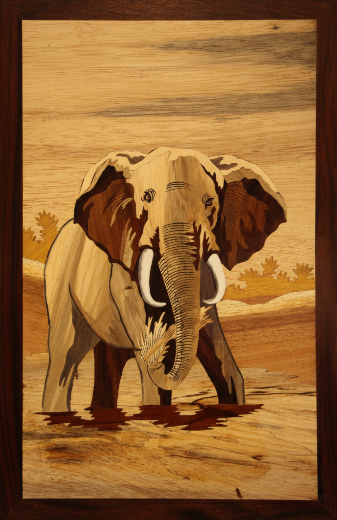 Full view of handcrafted Mysore rosewood inlay artwork featuring an elephant motif, framed in dark wood, created using traditional Indian inlay techniques with contrasting natural woods from Karnataka.