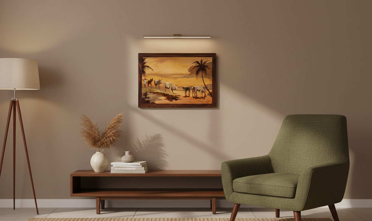 Mysore rosewood inlay farming theme wall art displayed in a living room setting, showcasing traditional Indian craftsmanship within a warm, earthy interior