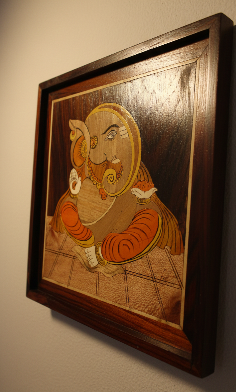 Angled side view of a handcrafted Mysore rosewood inlay Ganesha artwork, showing the depth of carving, precision-fitted wood inlay, and natural beeswax-polished rosewood surface.