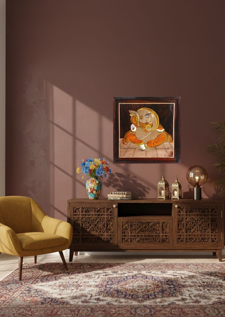 Mysore rosewood inlay Ganesha wall art displayed in a modern living room, blending traditional Indian craftsmanship with contemporary interior décor and warm ambient lighting.