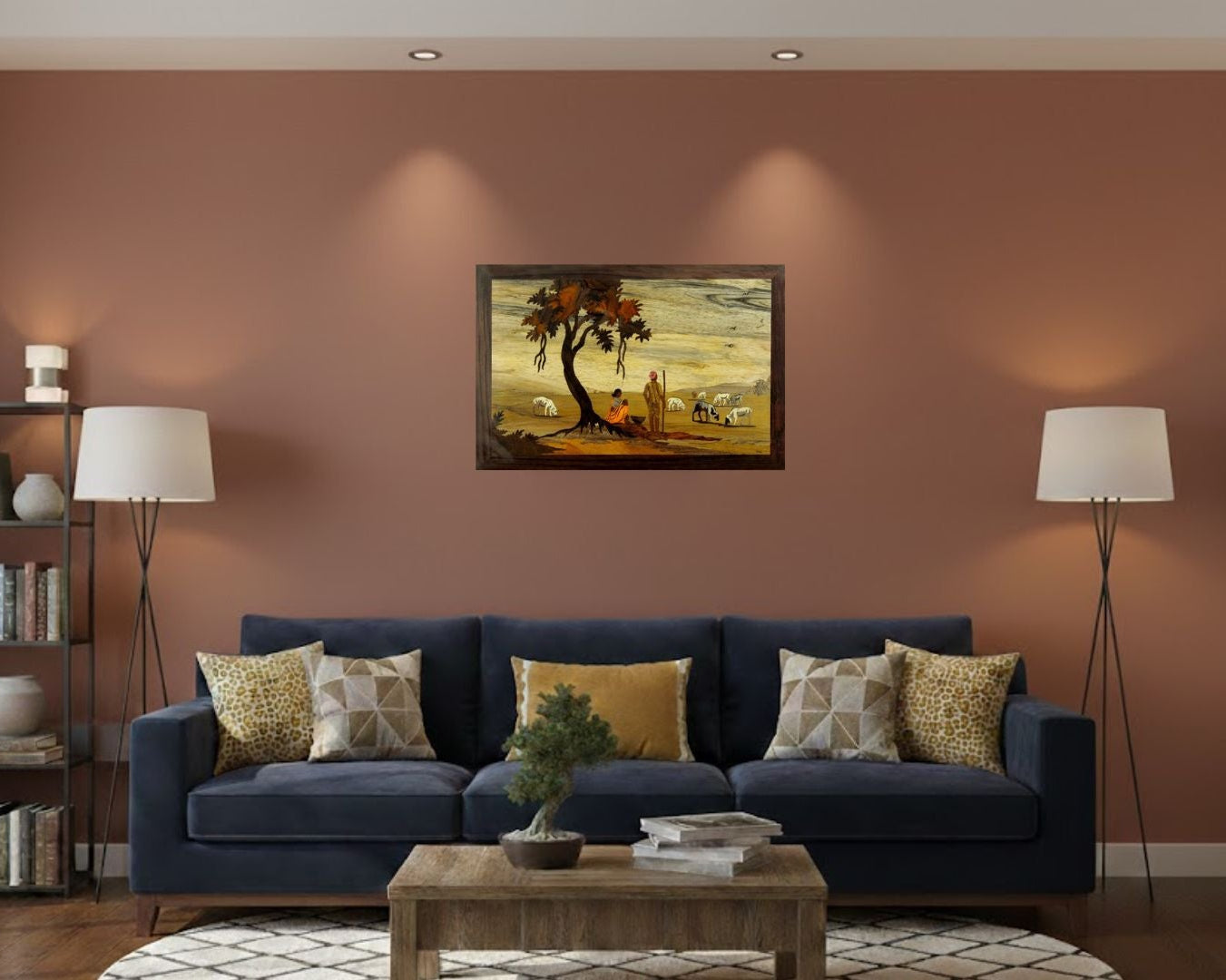 Mysore rosewood inlay artwork depicting goats grazing, displayed on a neutral living room wall with warm lighting and wooden interiors.