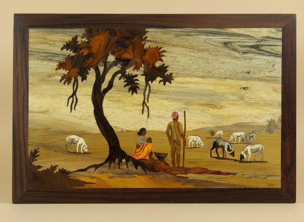 Full view of a handcrafted Mysore rosewood inlay artwork depicting goats grazing in a rural landscape, set within a polished wooden frame, created using traditional inlay techniques from Karnataka, India.