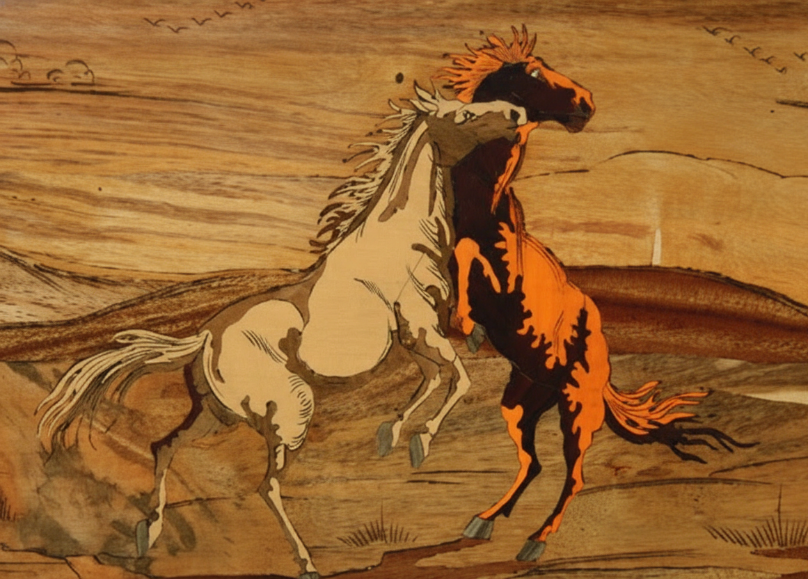 Close-up detail of Mysore rosewood inlay artwork highlighting finely fitted natural wood inlay and craftsmanship in a horse playing scene.