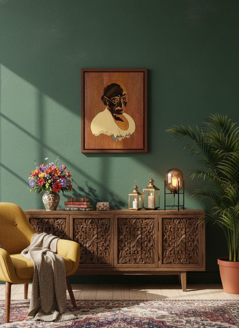 Handcrafted Mysore rosewood inlay artwork of Mahatma Gandhi displayed in a modern living room, blending traditional Indian craftsmanship with contemporary home décor.