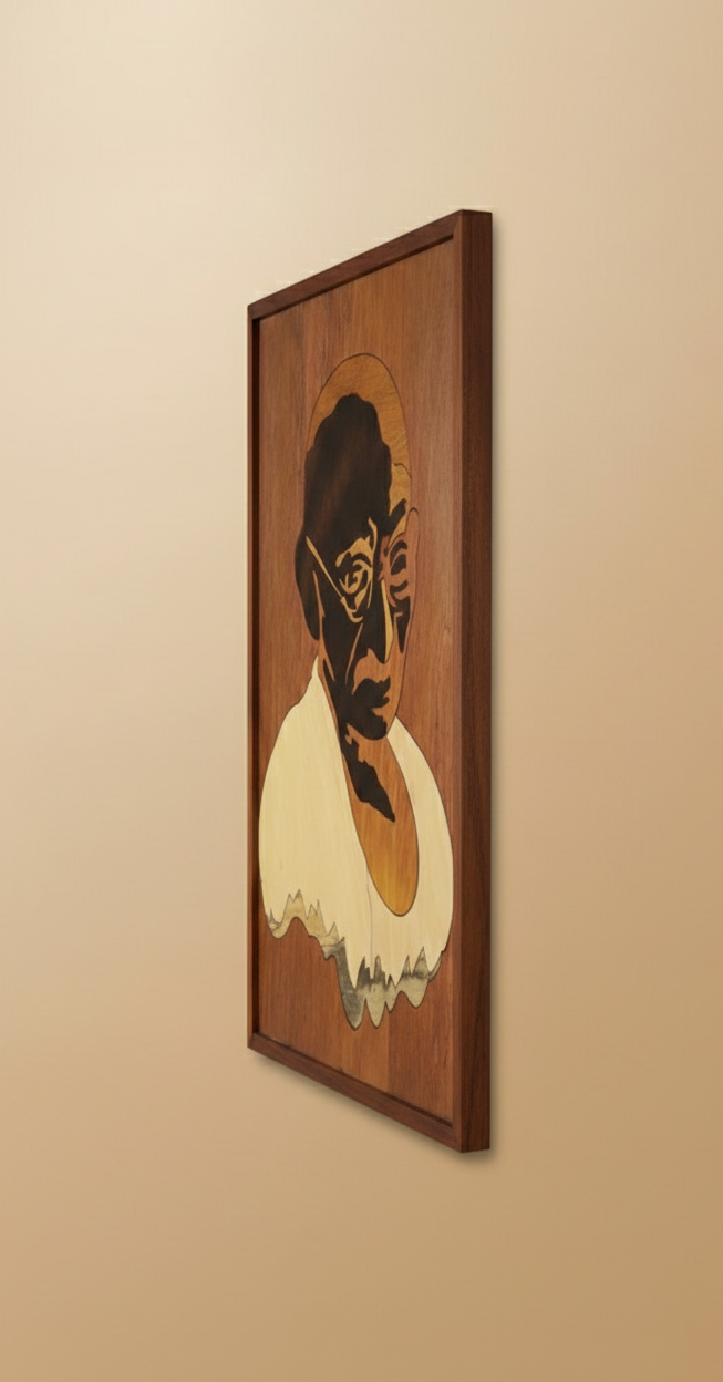 Side-angle view of a handcrafted Mysore rosewood inlay wall panel of Mahatma Gandhi, showcasing the thickness of the wood, frame profile, and traditional beeswax finish.