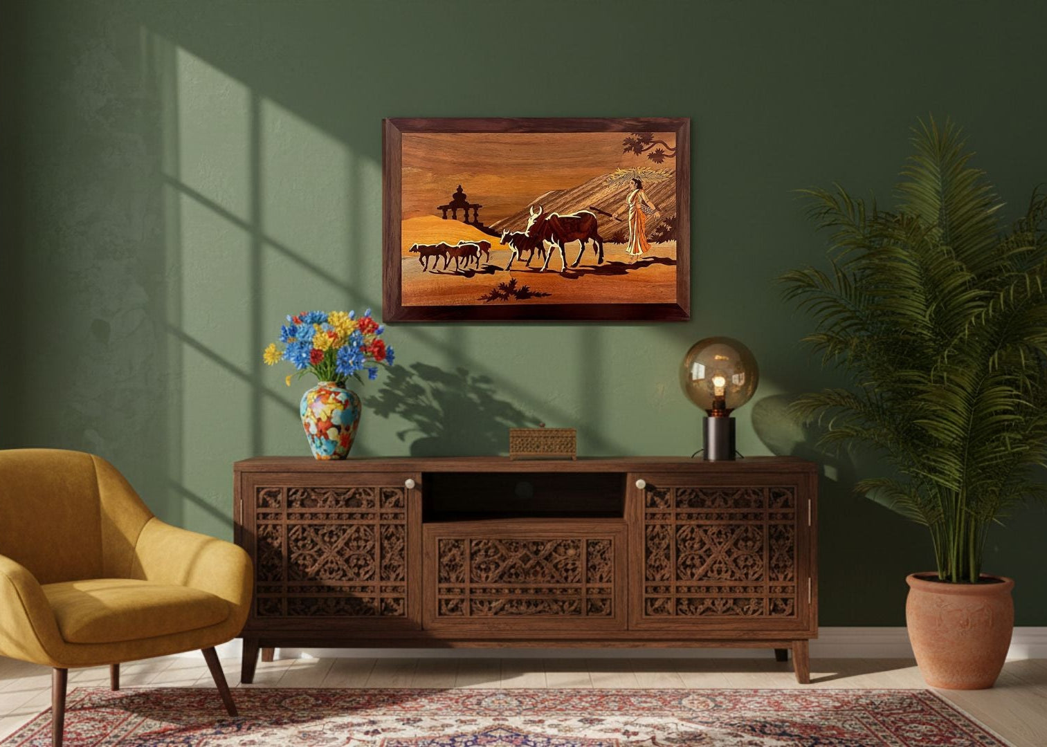 Mysore rosewood inlay wall panel cow grazing design displayed in living room décor, handcrafted wooden artwork for home interiors