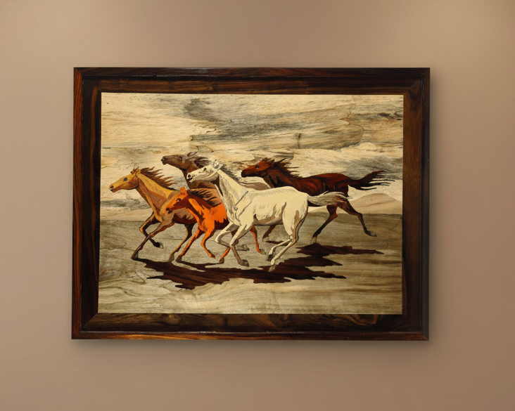 Full view of handcrafted Mysore rosewood inlay artwork depicting wild horses in motion, framed wall panel made using traditional Indian inlay craftsmanship from Karnataka.