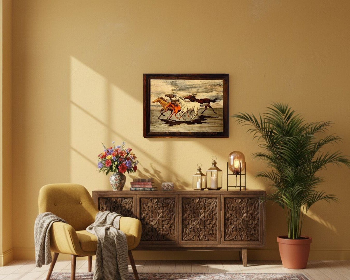 Mysore rosewood inlay wild horses wall art displayed in a modern living room, showcasing traditional Indian craftsmanship as a statement wall piece.