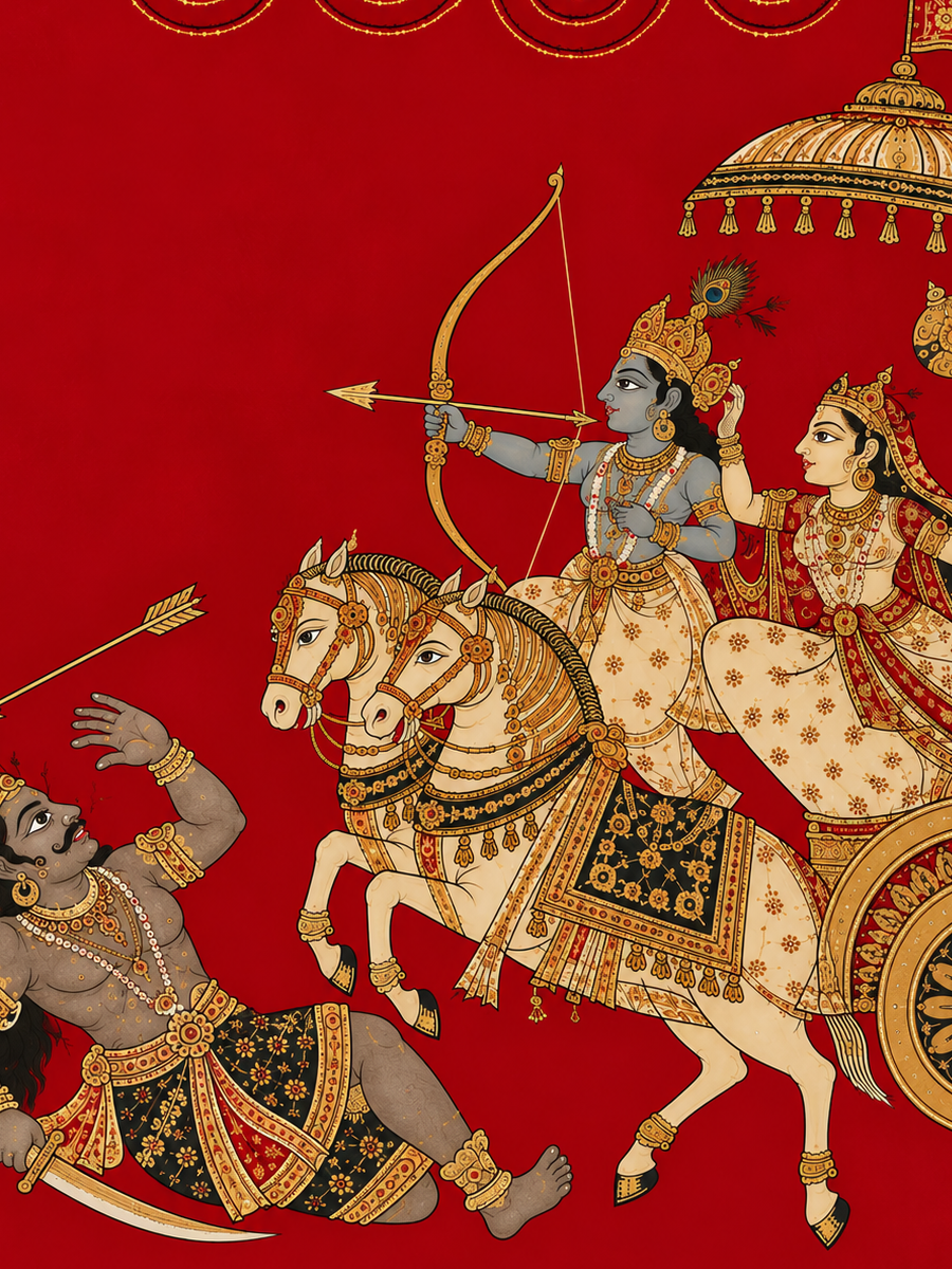Art Print – “Naraka Chaturdashi”: Krishna and Satyabhama Vanquish Narakasura