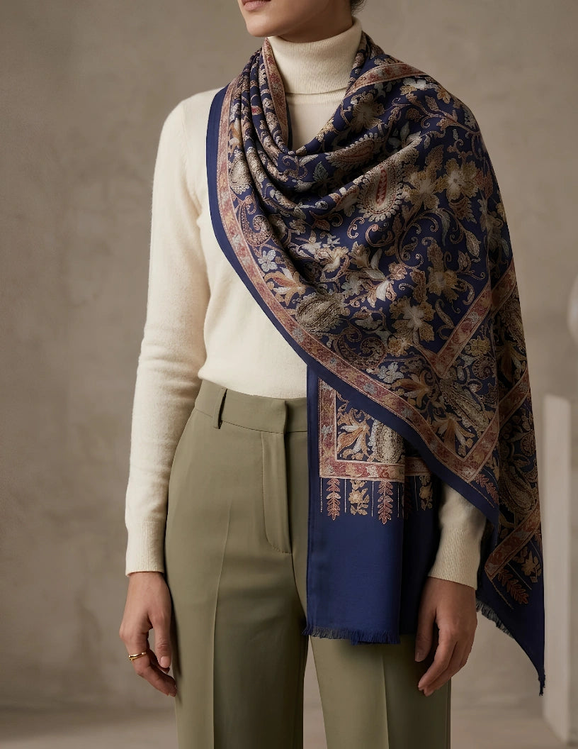 Nilufar Kalamkari Stole (Unisex) – Navy Multicolour Paisley Wool Silk