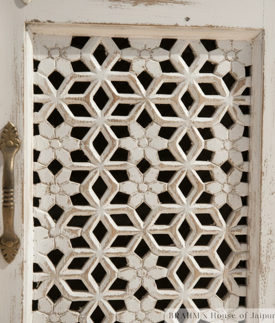 Gulnaar Hand-Carved Floral Dresser – Distressed White Jaipur Chest