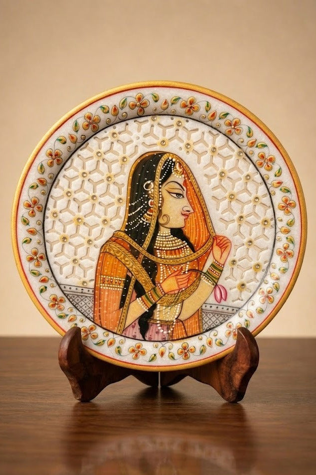 Veiled Grace of Rajputana – Rajasthani Miniature Marble Plate