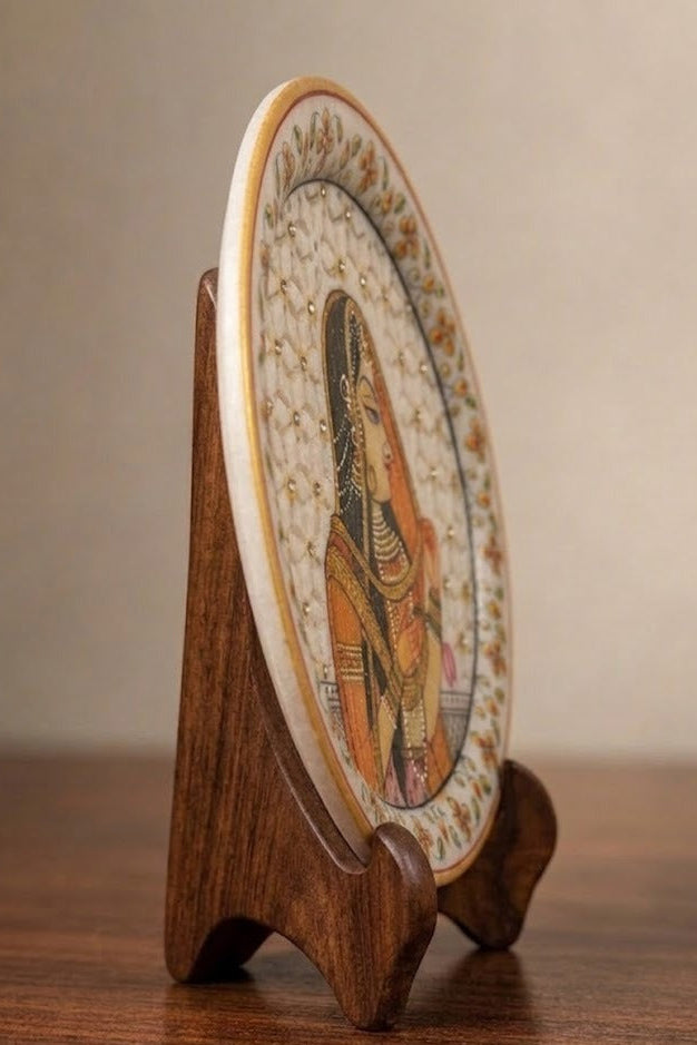 Veiled Grace of Rajputana – Rajasthani Miniature Marble Plate