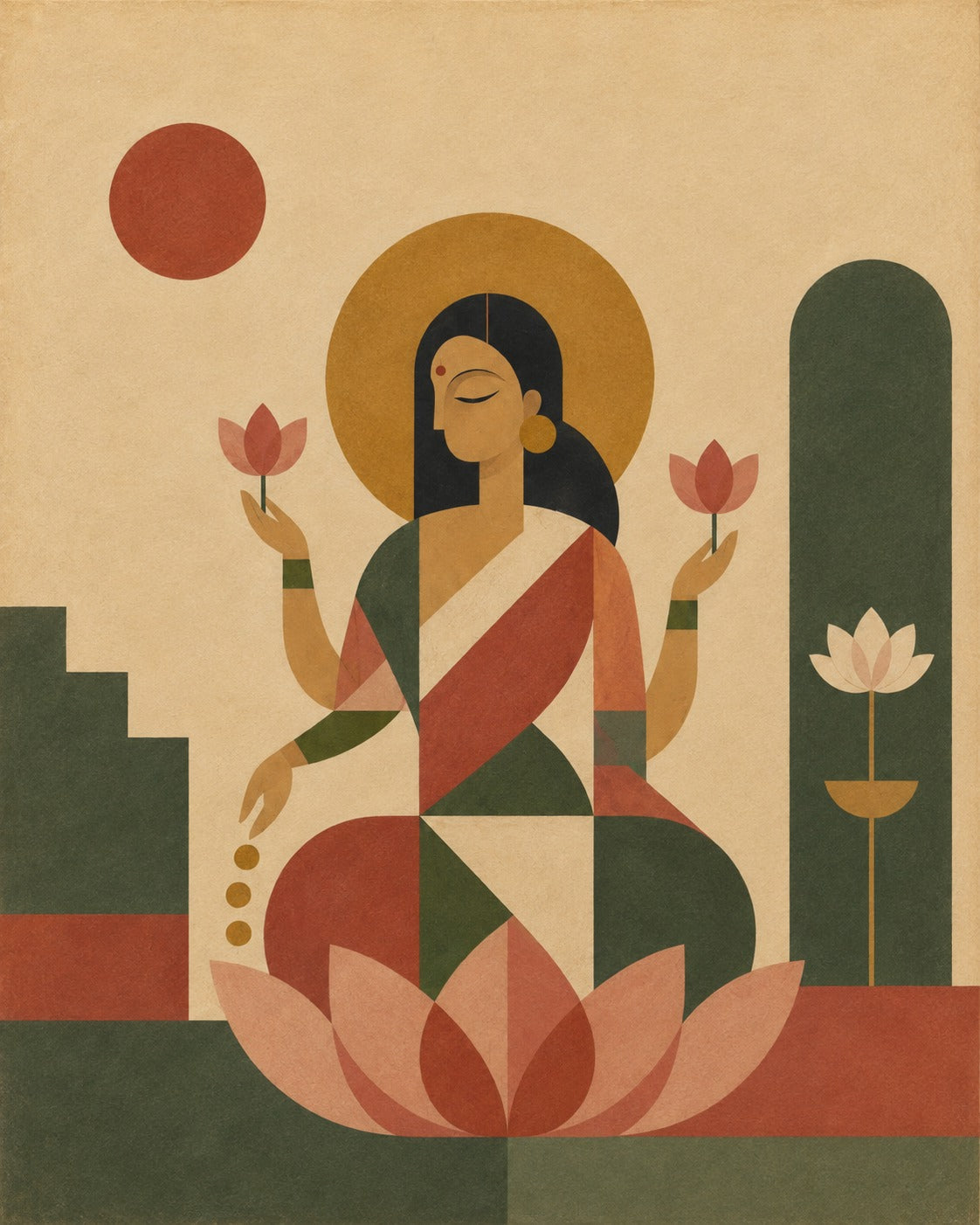 Handpainted – Indo-Bauhaus – “Padma Lakshmi”: Geometric Portrait of Goddess Lakshmi