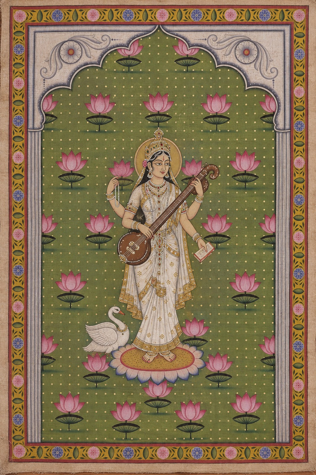 Art print - “Padmasaraswati”: Goddess Saraswati with Veena, Lotus & Swan