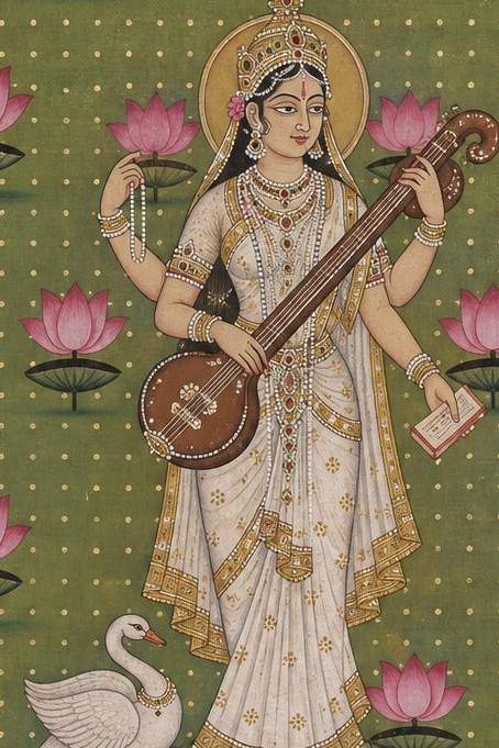 Art print - “Padmasaraswati”: Goddess Saraswati with Veena, Lotus & Swan