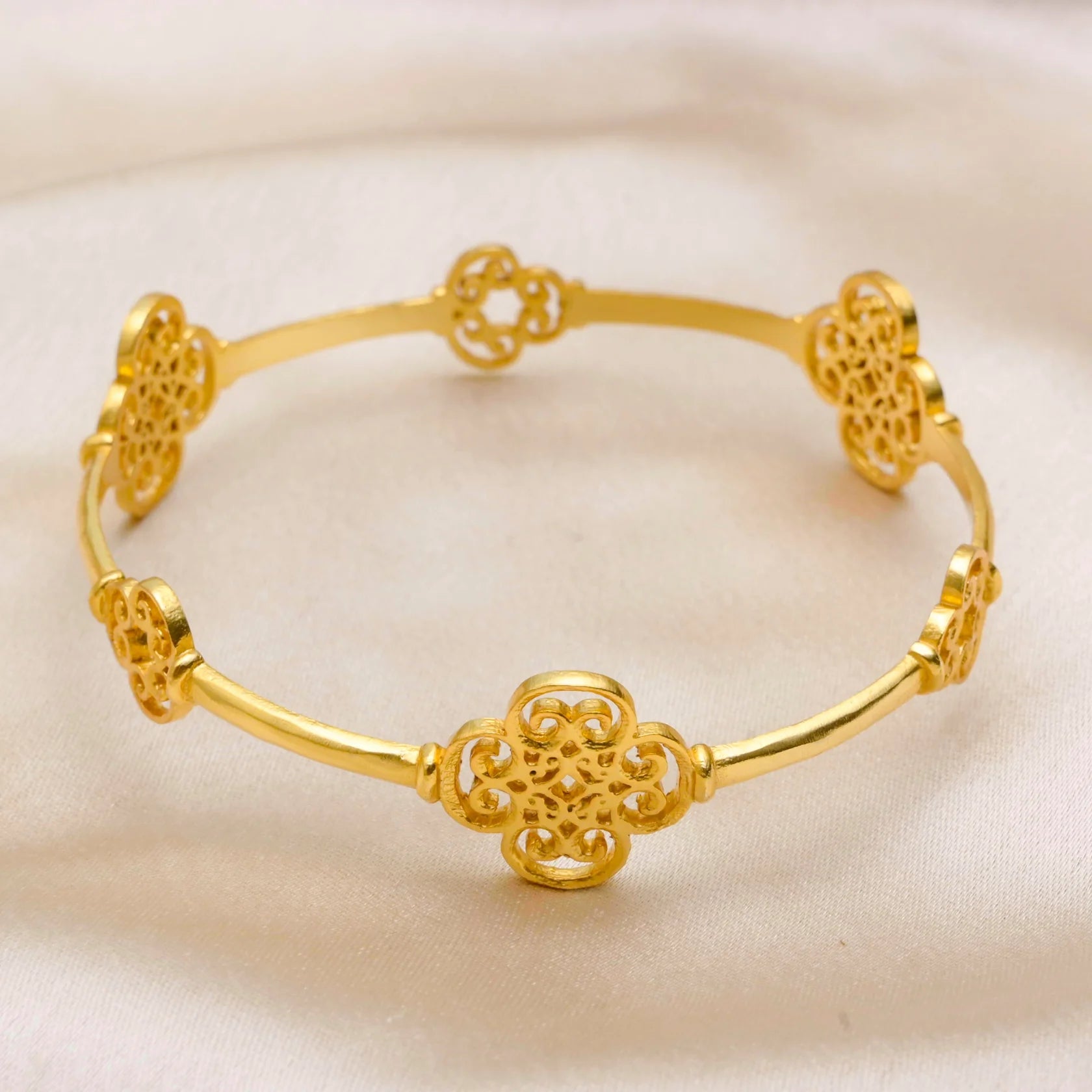 gold-plated floral motif bangle on fabric, boho feminine bracelet for women, gifting jewelry