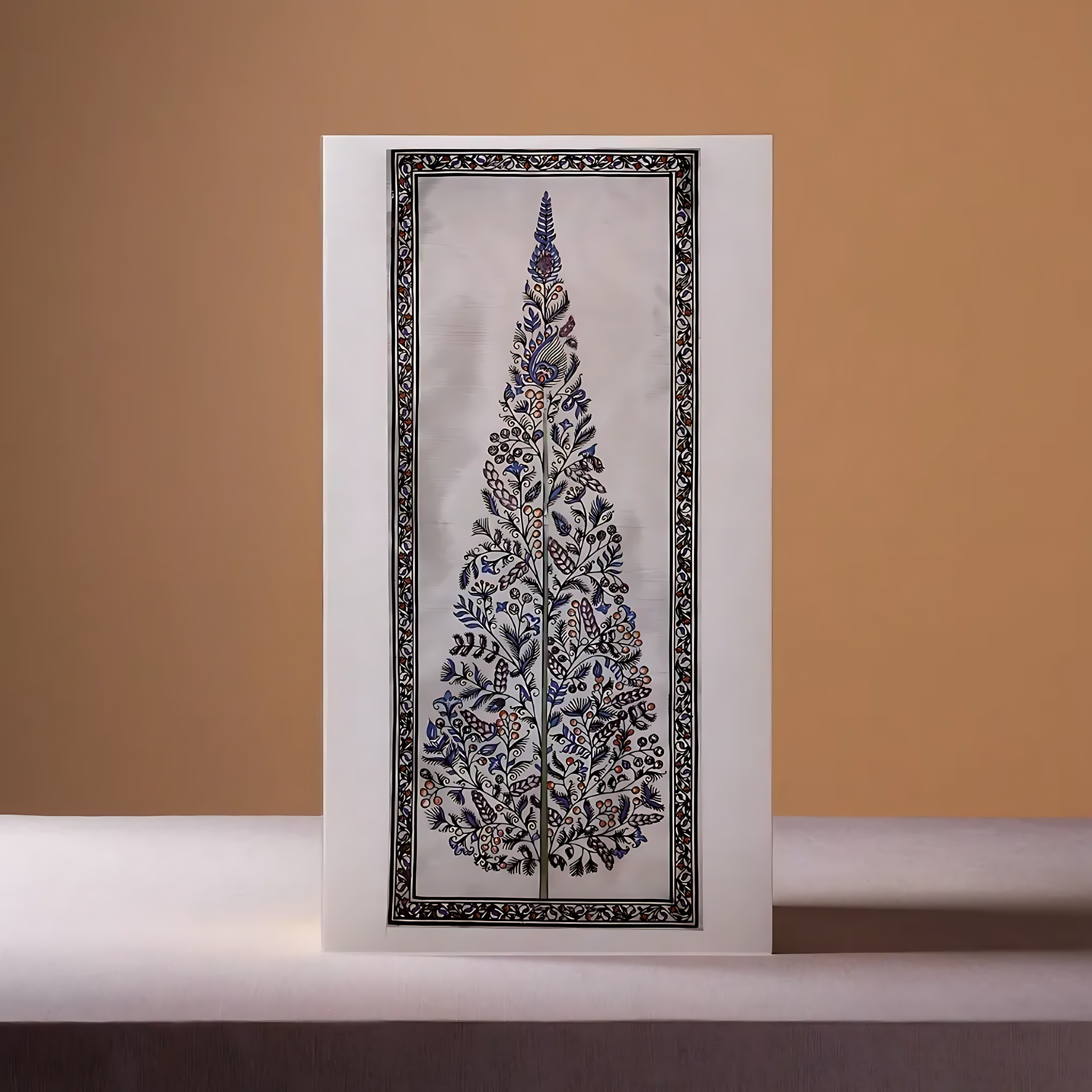Silk tree painting with fine blue and red branches detailed in delicate strokes traditional Indian wall art