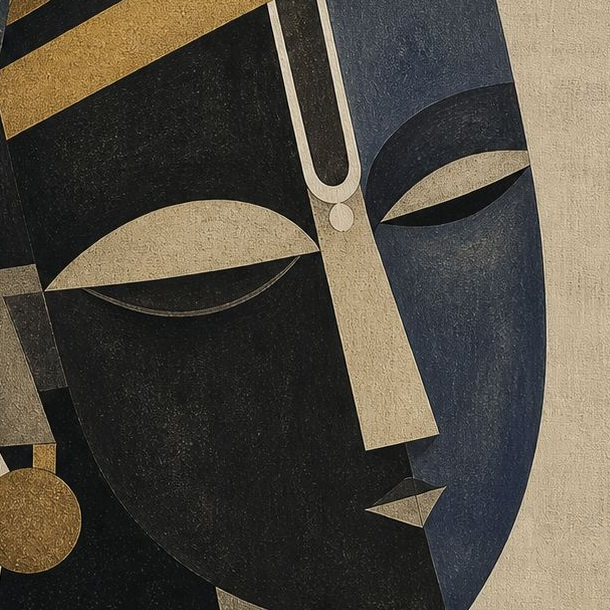 Handpainted – “Antaryami Mukhra”: Cubist Krishna Portrait in Gold & Indigo