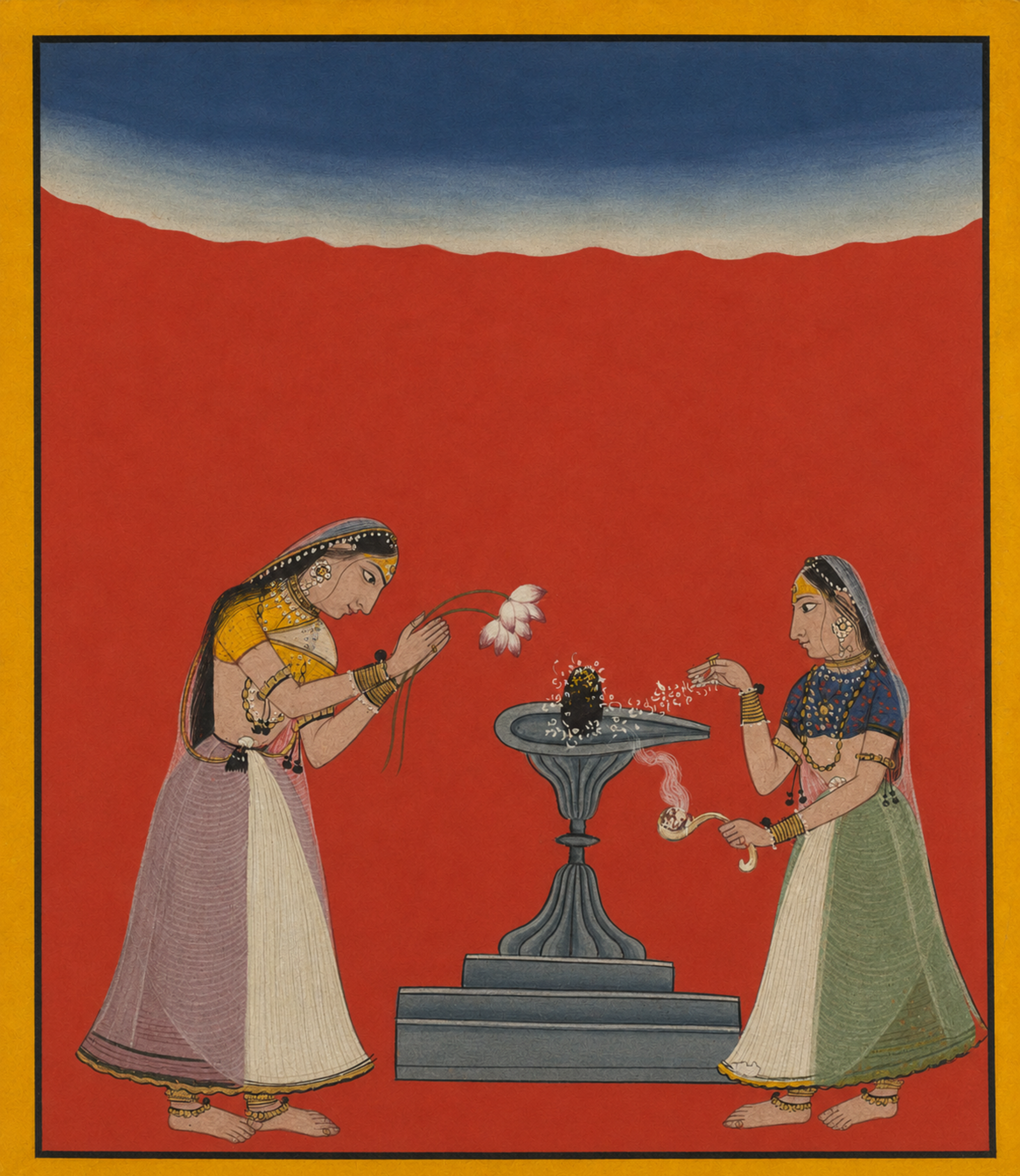 'Devagandhari Ragini: Women Worshipping a Shiva Linga' Canvas Cloth Print, c.1700