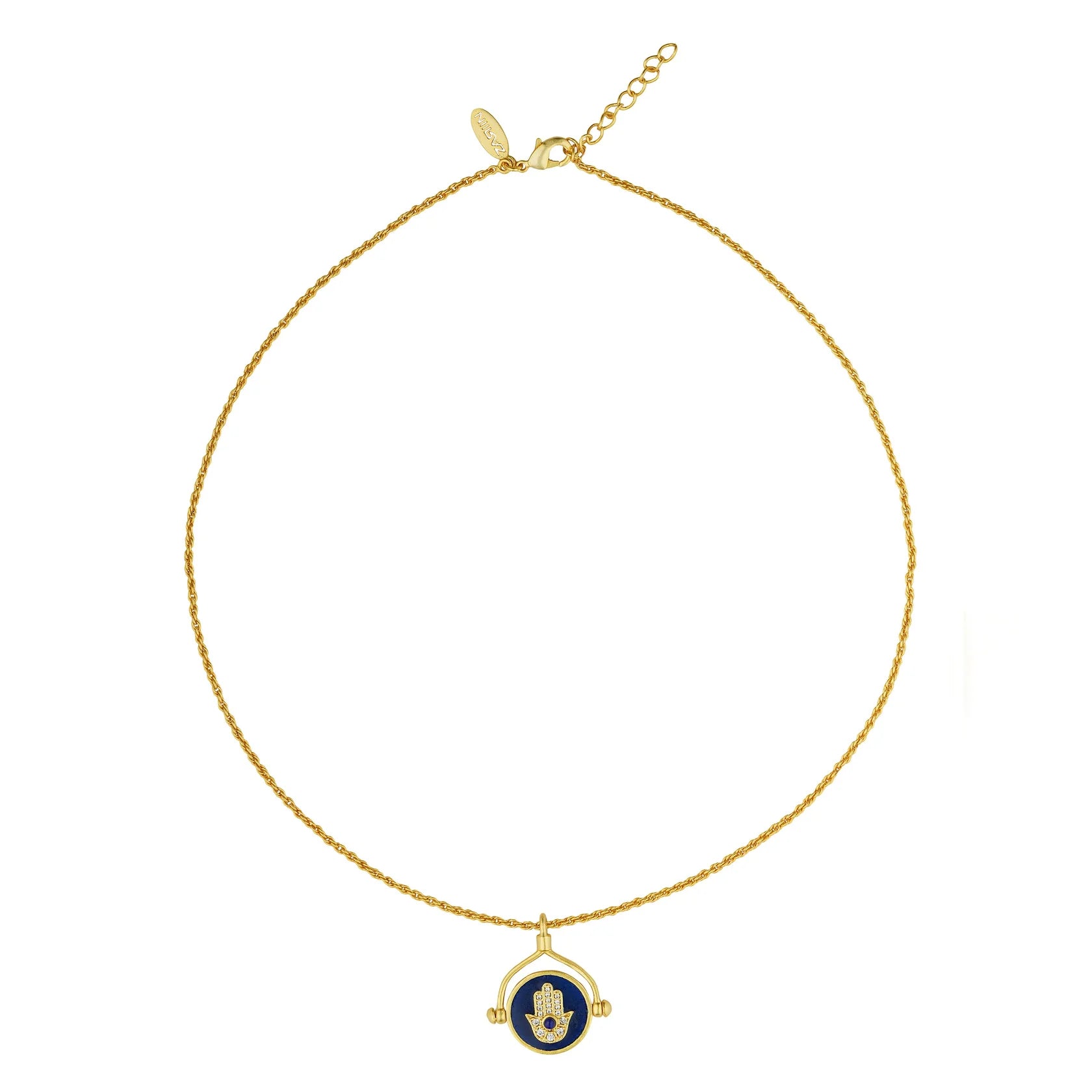 gold-plated evil eye and hamsa pendant necklace front view, protection jewelry for women