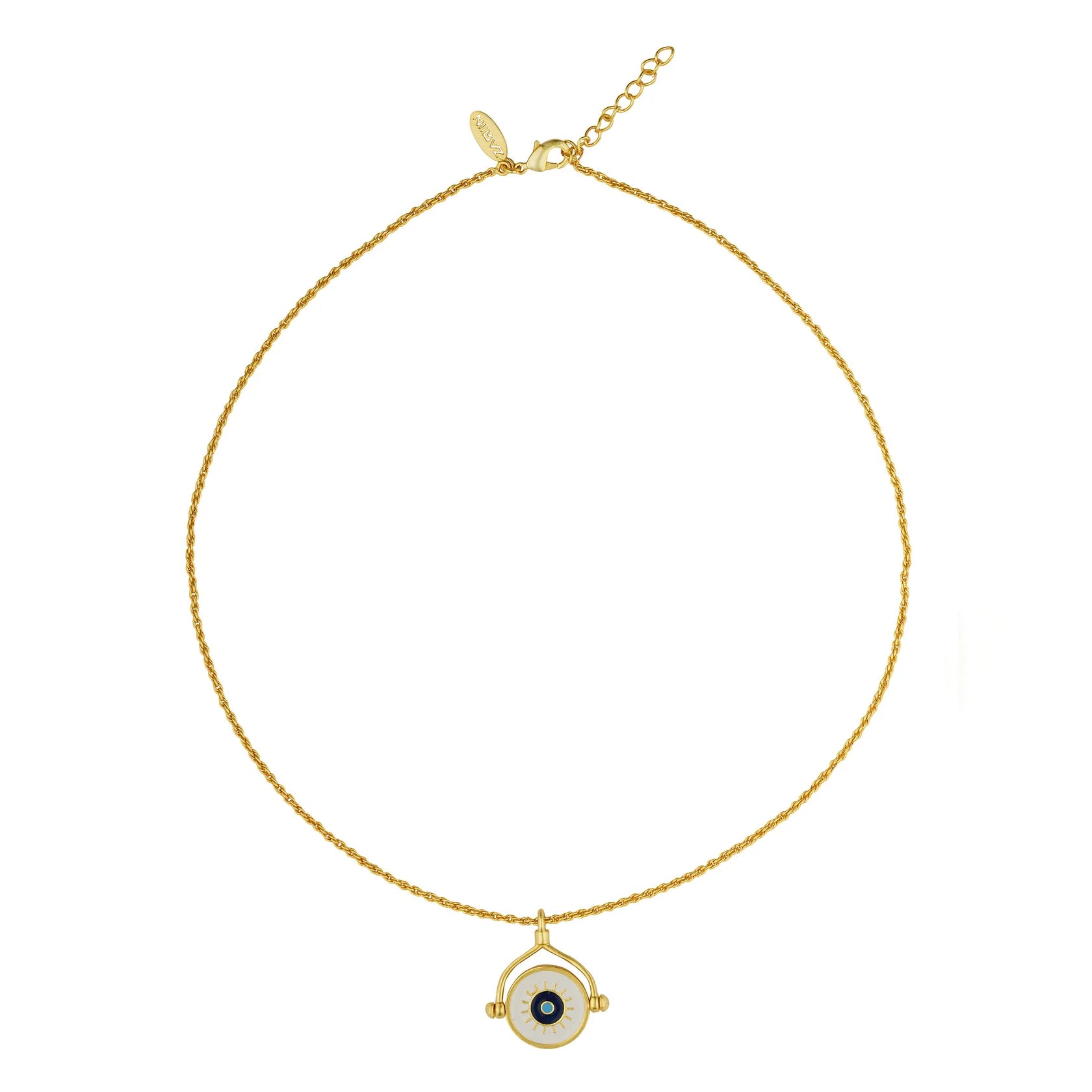 gold-plated round evil eye necklace flatlay, modern spiritual jewelry for gifting and daily wear