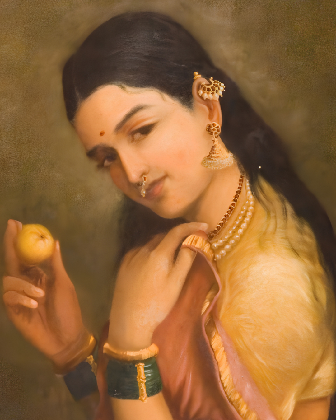 Raja Ravi Varma – "Woman Holding a Fruit": A Study in Grace, Beauty, and Quiet Contemplation