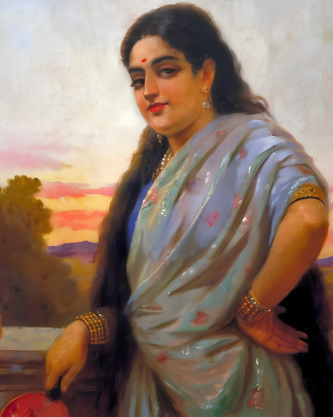 Raja Ravi Varma – "Woman Holding a Fan" (1895): An Elegy to Poise and Feminine Refinement