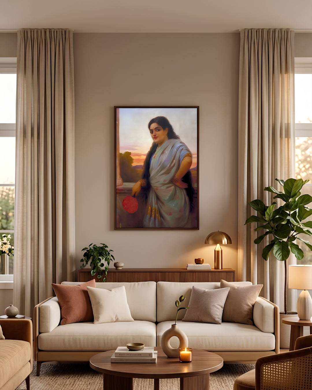 Raja Ravi Varma – "Woman Holding a Fan" (1895): An Elegy to Poise and Feminine Refinement