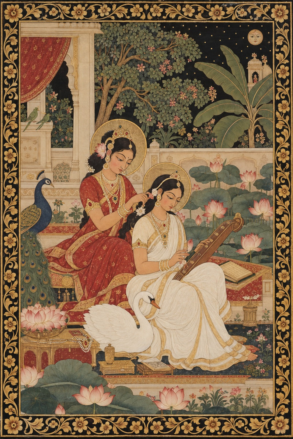 Art print - “Raag Anuragini”: Goddess Saraswati & Companion in a Sacred Garden