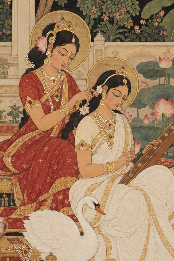 Art print - “Raag Anuragini”: Goddess Saraswati & Companion in a Sacred Garden