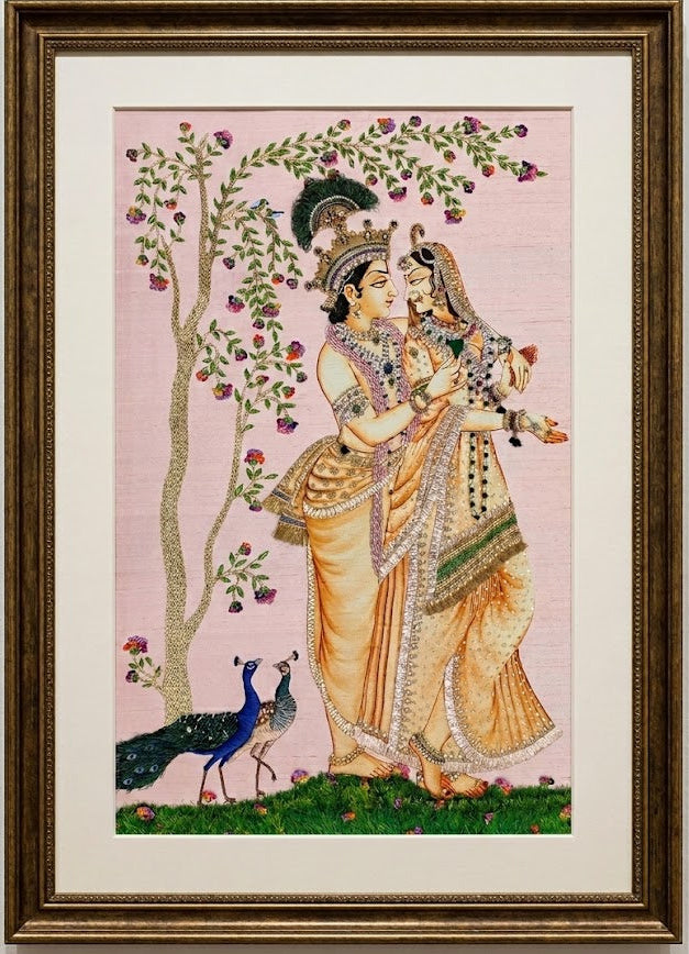 Radha Krishna Pink Raw Silk Tapestry