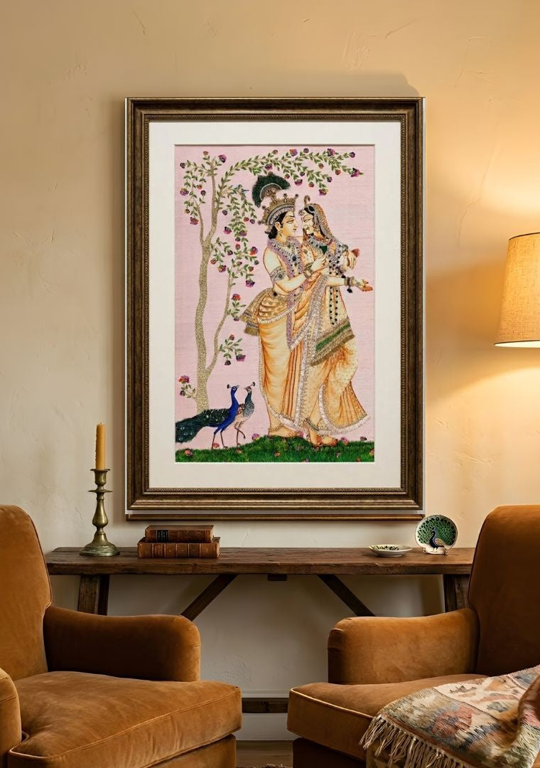 Radha Krishna Pink Raw Silk Tapestry
