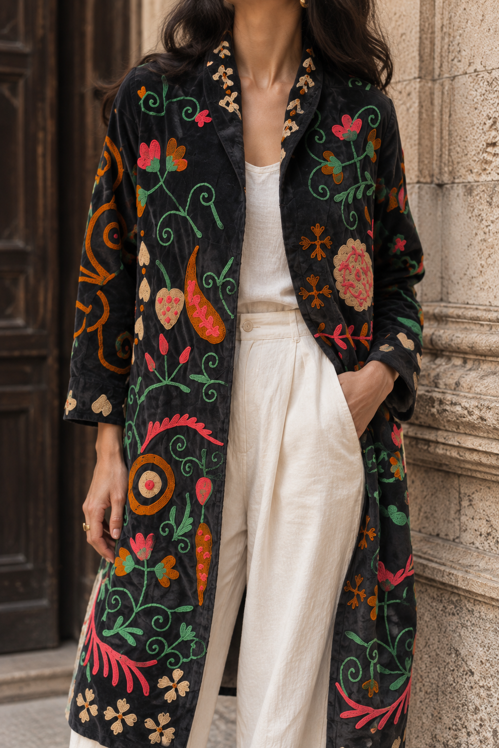 Rangrez Coat (Unisex) – Black Multicolour Embroidered Coat