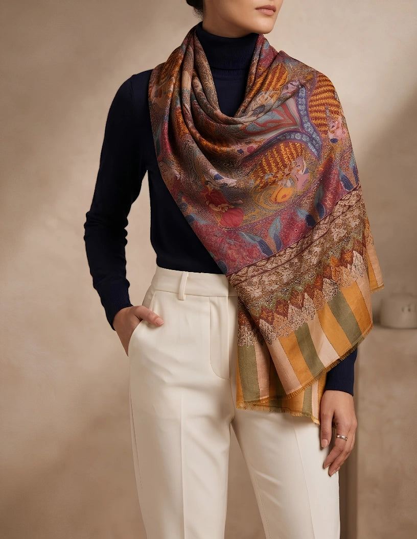 Rangrez Kalamkari Stole (Unisex) – Multicolour Mughal Narrative Fine Wool