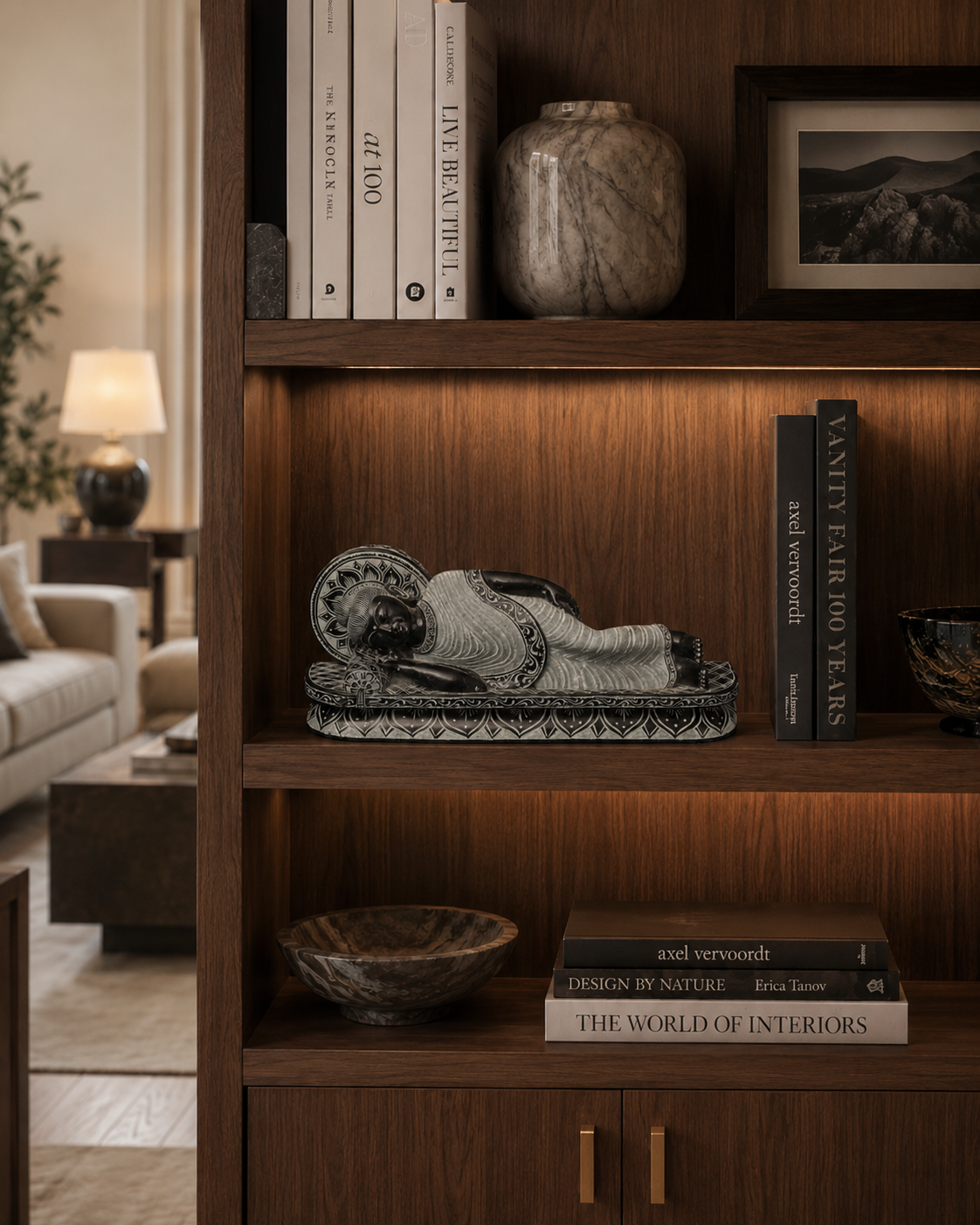 Reclining Buddha Sculpture in Black Stone