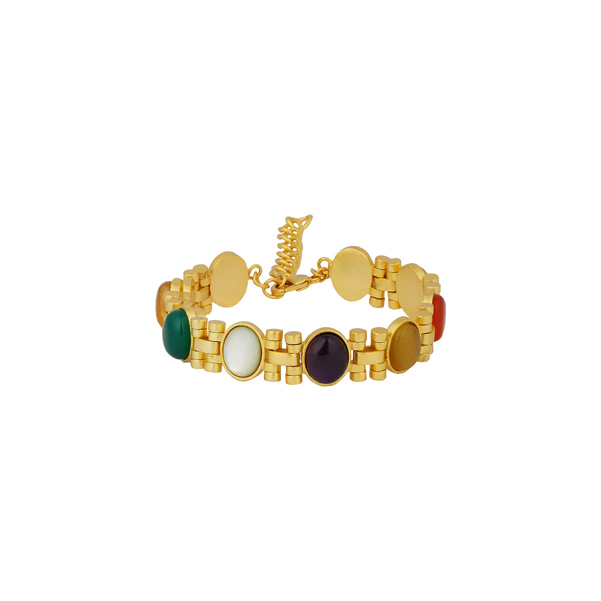 Gold Navratna bracelet with nine multicolor gemstones on a polished brass chain