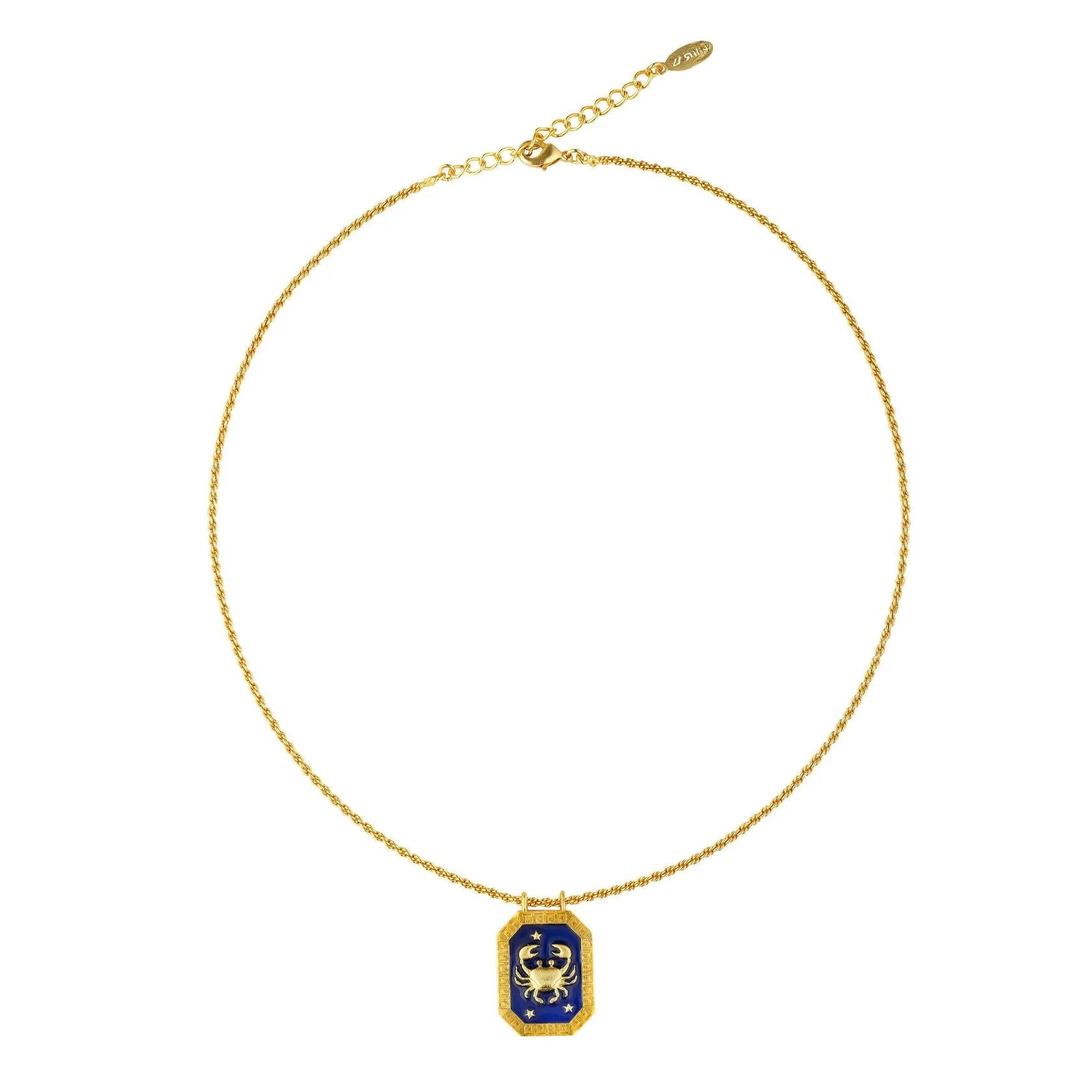 Full-length gold Cancer zodiac necklace with tablet-shaped charm