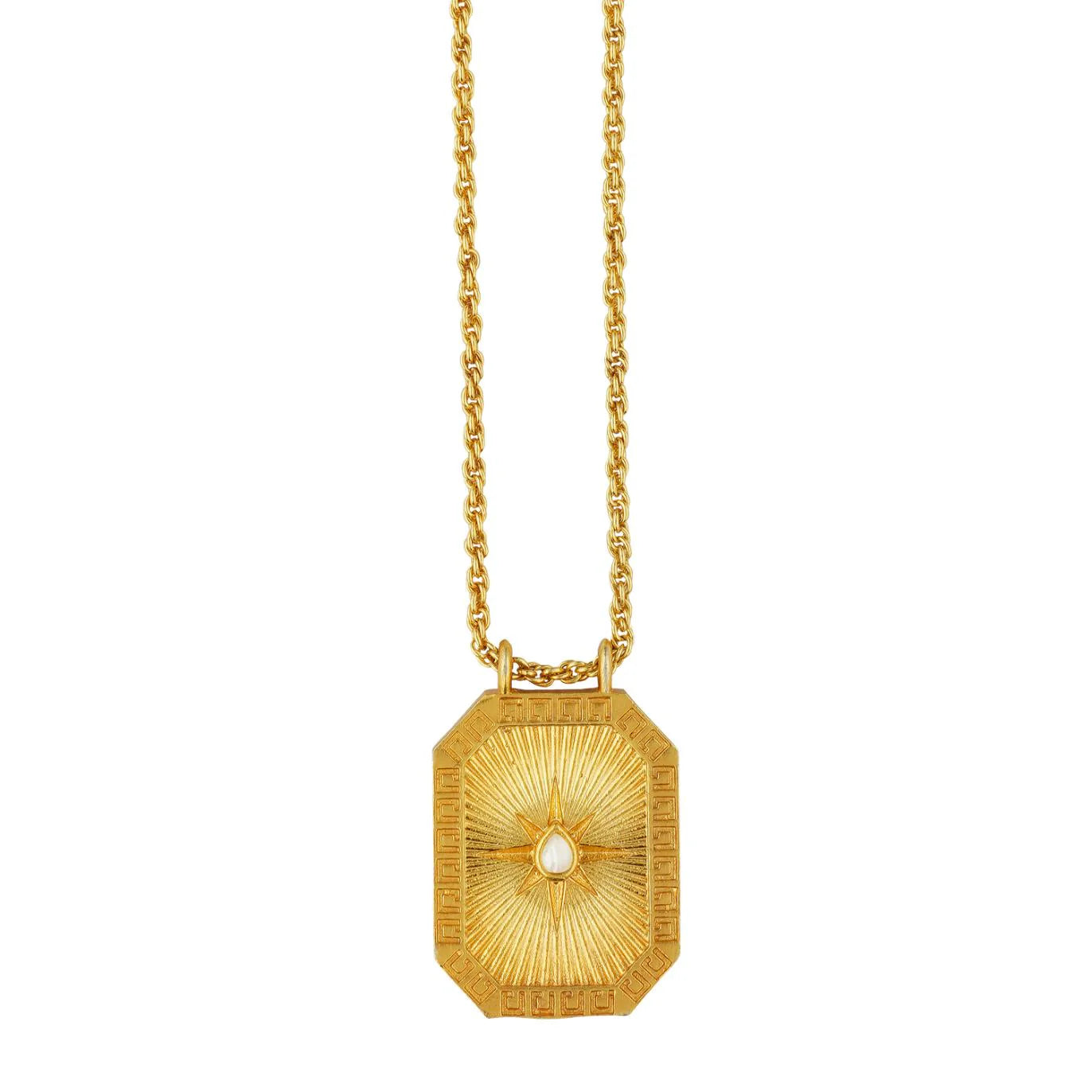 Gold reversible Gemini tablet pendant featuring pearl-backed design on chain
