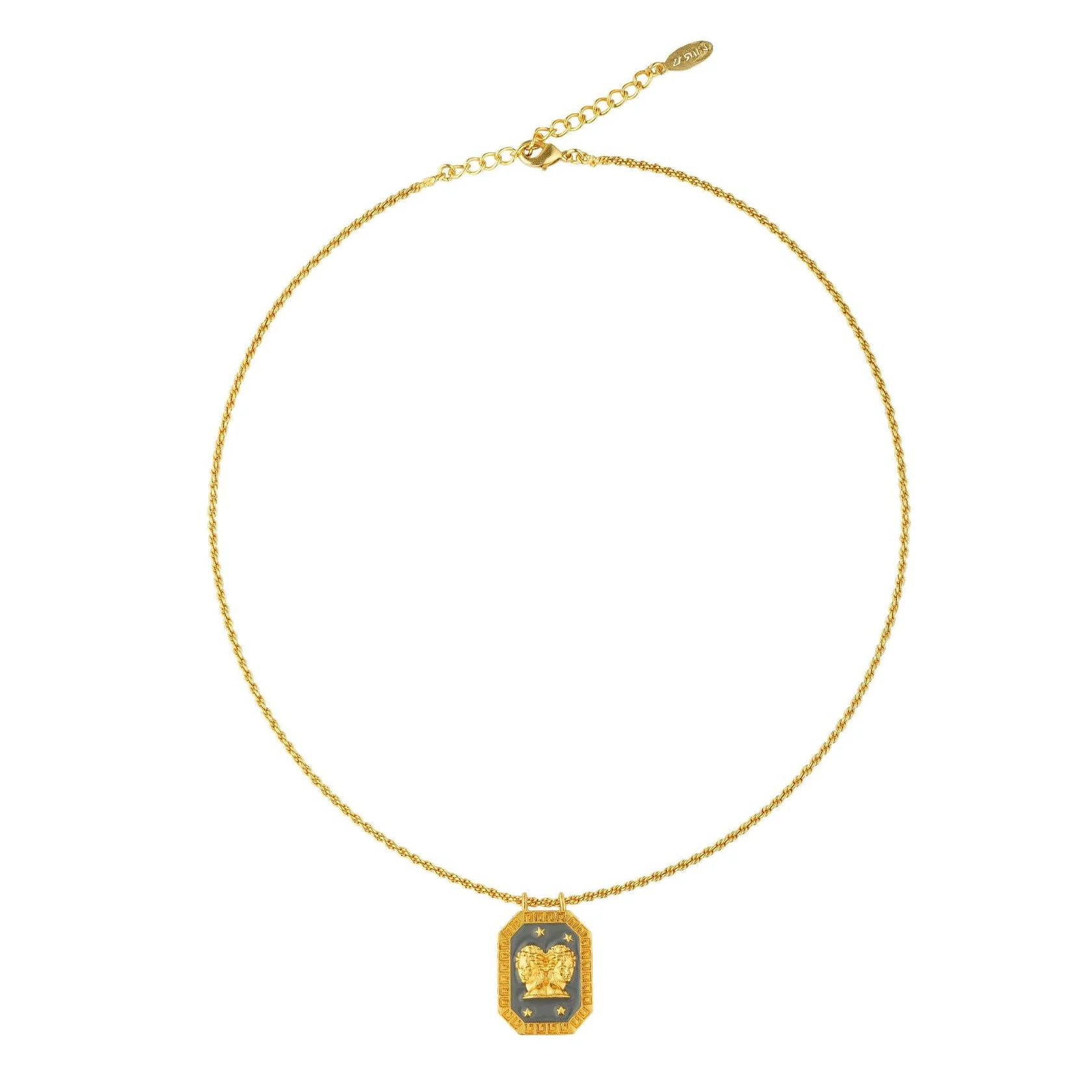 Full-length gold Gemini zodiac necklace with tablet-shaped charm