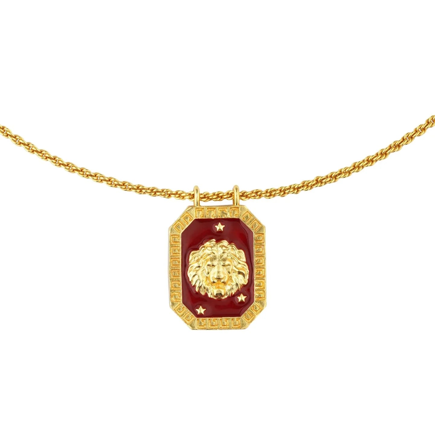 Gold-plated rectangular Leo zodiac pendant necklace with red enamel tablet design
