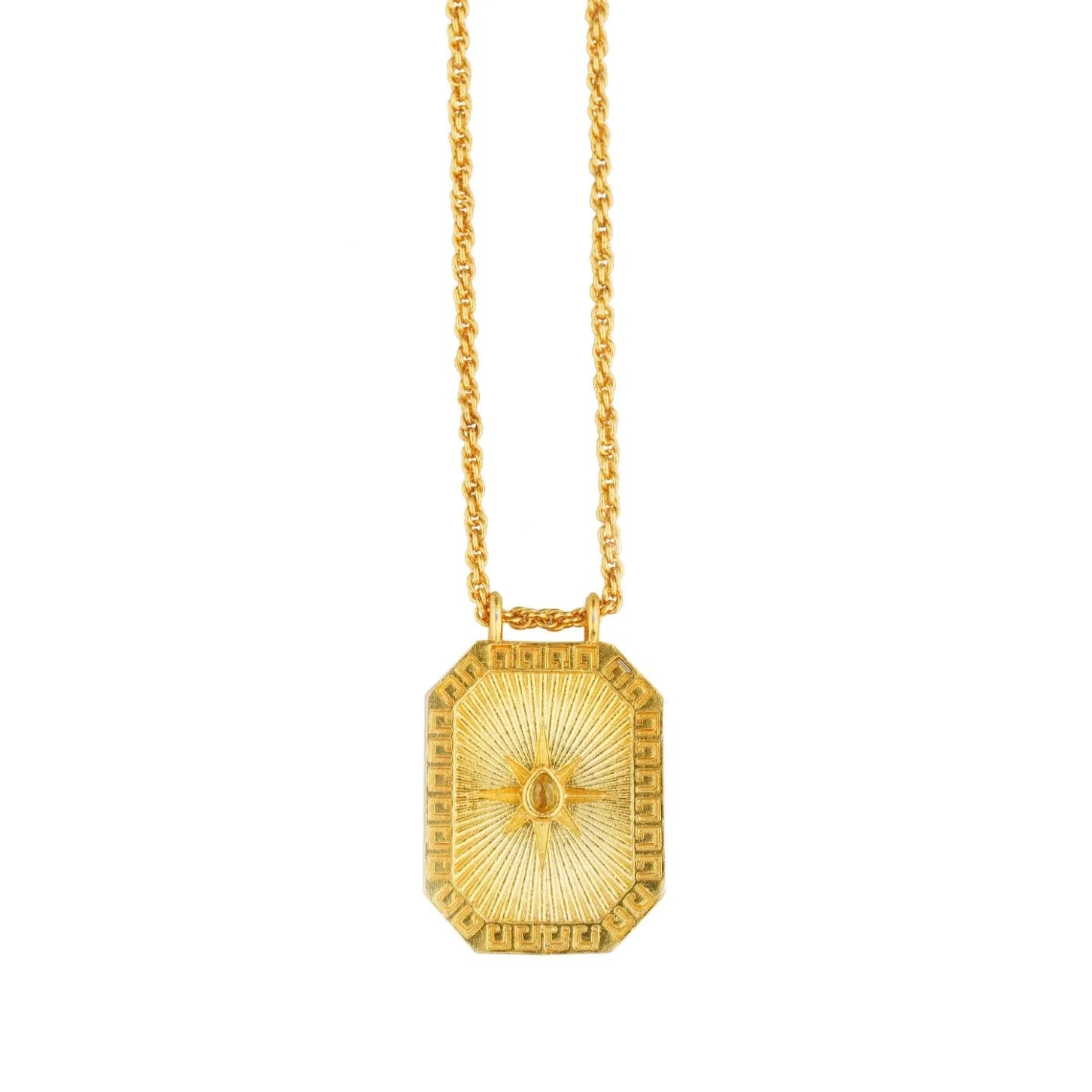 Gold reversible Pisces tablet pendant featuring aquamarine-backed design on chain