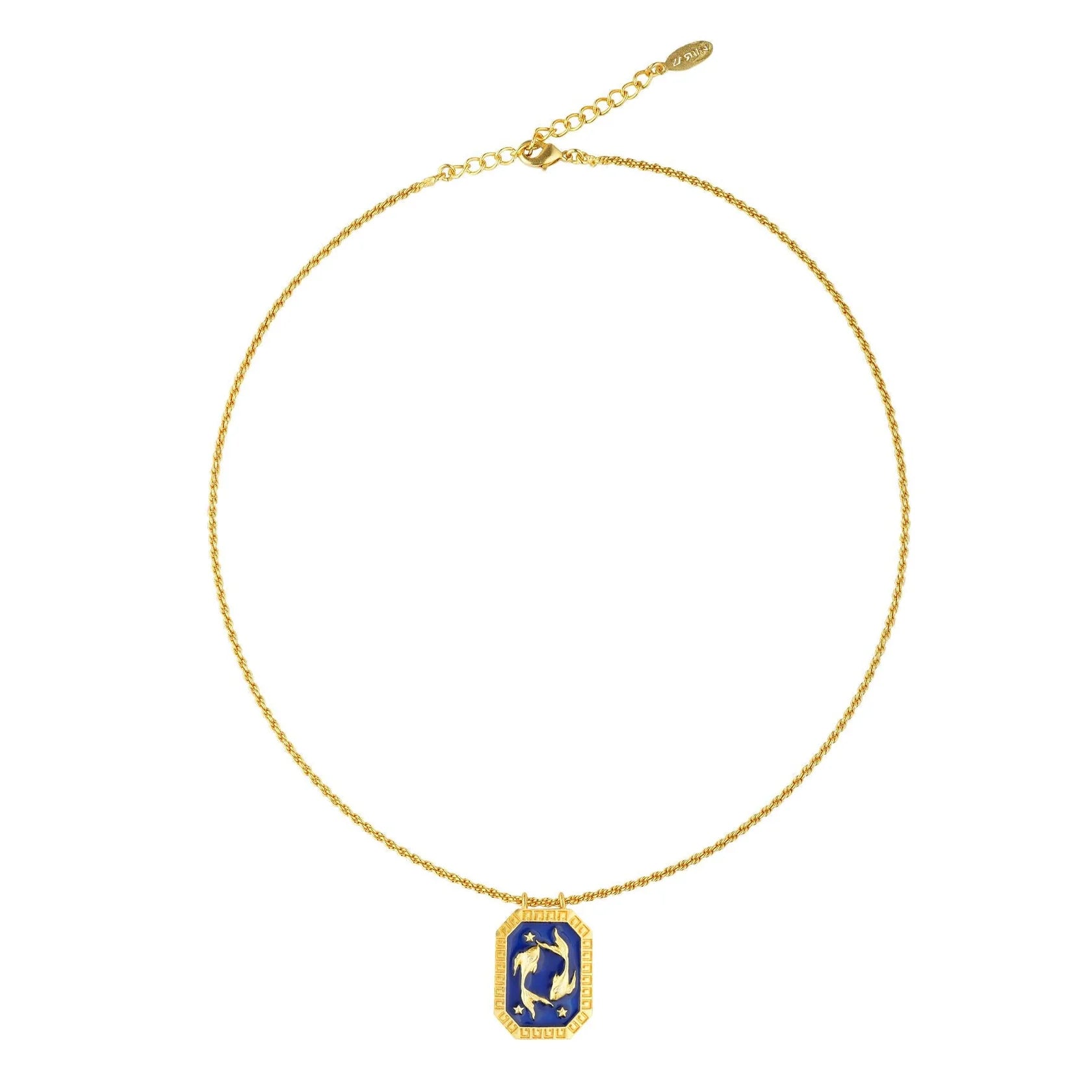 Full-length gold Pisces zodiac necklace with tablet-shaped charm