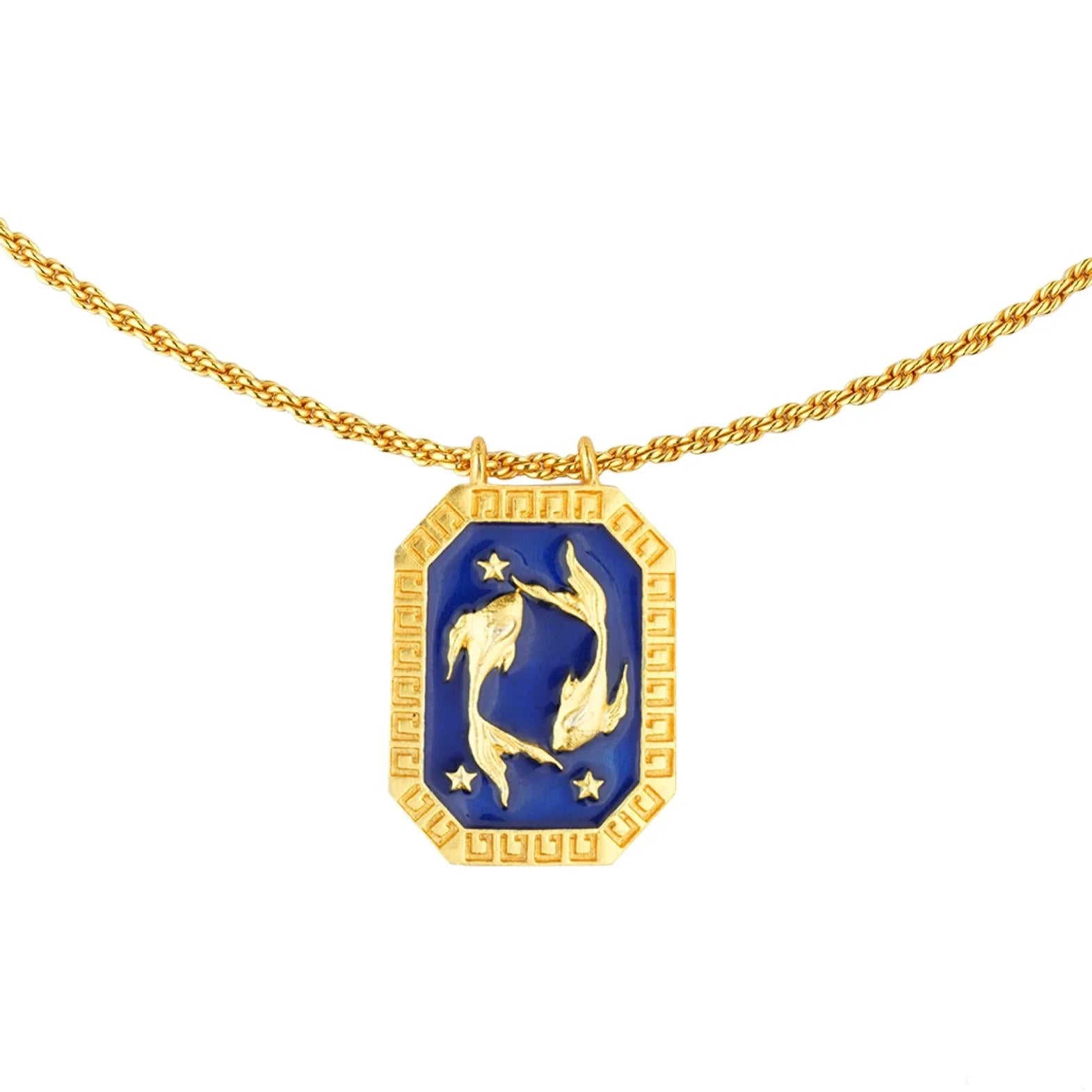 Gold-plated rectangular Pisces zodiac pendant necklace with blue enamel tablet